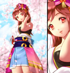 Rule 34 | 1girl, blue skirt, breasts, brown hair, cherry blossoms, commentary, creatures (company), day, esther shen, eyelashes, from below, game freak, hair ornament, hair ribbon, hand in own hair, hand up, long hair, nintendo, oichi (pokemon conquest), orange eyes, outdoors, parted lips, petals, pink lips, pokemon, pokemon conquest, ribbon, sengoku musou, signature, skirt, sky, solo