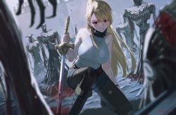Rule 34 | 1girl, 6+others, artist name, asymmetrical bangs, bare arms, bare shoulders, belt, black pantyhose, blonde hair, blood, boots, commentary request, commission, eyelashes, highres, holding, holding sword, holding weapon, injury, long hair, long sword, multiple others, on one knee, open mouth, original, outdoors, pantyhose, planted, ponytail, red eyes, shirt, short shorts, shorts, skeb commission, sleeveless, sooon, sword, teeth, torn clothes, torn pantyhose, torn shirt, weapon, white shirt, wristband