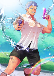 Rule 34 | 1boy, absurdres, andy (undead unluck), bara, black shorts, collared shirt, dual wielding, feet out of frame, grey hair, grin, highres, holding, holding water gun, large pectorals, looking at viewer, male focus, muscular, muscular male, pectorals, perspective, pointing weapon, rainbow, see-through, shirt, short hair, shorts, smile, solo, t 56252280, undead unluck, water, water gun, wet, wet clothes, wet shirt
