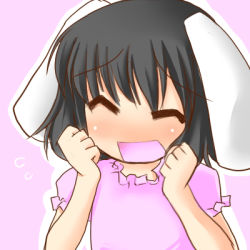 Rule 34 | 1girl, ^ ^, animal ears, black hair, blush, closed eyes, dress, female focus, flying sweatdrops, happy, inaba tewi, lowres, morino harifu, open mouth, pink background, pink dress, puffy short sleeves, puffy sleeves, rabbit ears, short hair, short sleeves, simple background, smile, solo, touhou, upper body