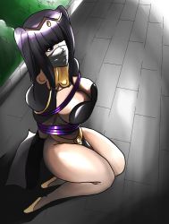 Rule 34 | 1girl, artist request, black hair, bound, breasts, cleavage, collar, female focus, fire emblem, gagged, hair ornament, large breasts, long hair, nintendo, outdoors, purple eyes, sitting, solo, tharja (fire emblem), tied up