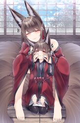 Rule 34 | 2girls, absurdres, amagi-chan (azur lane), amagi (azur lane), animal ears, azur lane, bare legs, bare shoulders, between legs, black pantyhose, blush, brown hair, closed eyes, day, eyeshadow, facing down, flower, fox ears, fox girl, fox tail, full body, hair between eyes, hair flower, hair ornament, hairpin, half-closed eyes, hands on another&#039;s cheeks, hands on another&#039;s face, happy, highres, hug, hug from behind, indoors, japanese clothes, kimono, kitsune, kneeling, knees up, long hair, looking up, makeup, mother and daughter, multiple girls, multiple tails, off shoulder, on floor, pantyhose, purple eyes, red eyeshadow, red kimono, sakura empire (emblem), samip, single bare shoulder, sitting, slit pupils, smile, squishing, tail, thighhighs, very long hair, white flower