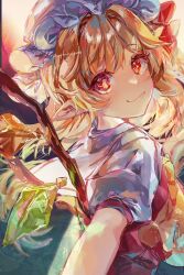 Rule 34 | 1girl, ayatsuki sugure, blonde hair, crystal, fang, flandre scarlet, from side, hat, highres, long hair, looking back, mob cap, pointy ears, puffy short sleeves, puffy sleeves, red eyes, red vest, short sleeves, skin fang, solo, touhou, upper body, very long hair, vest, wings