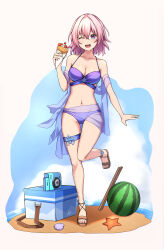 Rule 34 | 1girl, ;d, absurdres, alternate costume, aoikito lavender086, bare legs, bikini, blue eyes, camera, commentary request, food, fruit, full body, highres, holding, holding food, honkai: star rail, honkai (series), ice cream cone, looking at viewer, march 7th (honkai: star rail), navel, one eye closed, open mouth, pink hair, purple bikini, sandals, sarong, shawl, short hair, smile, solo, standing, standing on one leg, stomach, swimsuit, thigh strap, thighs, watermelon