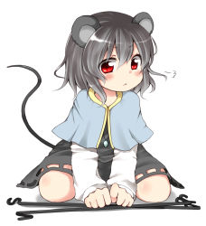 Rule 34 | 1girl, :&lt;, animal ears, blush, capelet, dowsing rod, face, female focus, grey hair, jewelry, kneeling, mouse ears, mouse tail, nanana (chicken union), nazrin, pendant, red eyes, sitting, solo, tail, touhou, wariza
