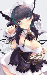 Rule 34 | 1girl, absurdres, azur lane, blue eyes, breasts, cheshire (azur lane), cleavage, closed mouth, dress, hair ribbon, highres, large breasts, lips, long hair, looking at viewer, multicolored hair, paw pose, purple hair, purple ribbon, ribbon, smile, solo, wee (weeyy)