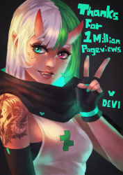 Rule 34 | 1girl, absurdres, asymmetrical gloves, black gloves, blue eyes, breasts, commentary, cross, devi (monori rogue), english commentary, english text, eyelashes, eyeliner, facing viewer, fang, fingerless gloves, freckles, gloves, green hair, heterochromia, highres, horns, lips, makeup, milestone celebration, mismatched gloves, monori rogue, multicolored hair, nail polish, oni horns, original, pink eyes, scarf, shoulder tattoo, small breasts, smile, solo, split-color hair, tattoo, thank you, two-tone hair, upper body, white hair