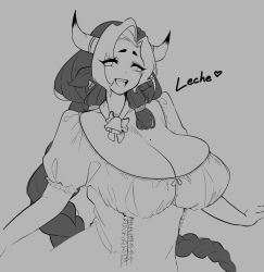 Rule 34 | 1girl, animal ears, bell, braid, braided ponytail, breasts, brown eyes, cleavage, cow ears, cow girl, cow horns, cow tail, dress, highres, horns, leche (ushijidraws), mole, mole on breast, monochrome, multicolored hair, original, ribbon, sketch, tail, two-tone hair, ushijidraws