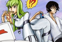 Rule 34 | !?, 1boy, 1girl, all fours, ass, bb (baalbuddy), black hair, bodysuit, c.c., can, code geass, colorfag, colorized, drawfag, drink can, food, green hair, lelouch vi britannia, long hair, mouth hold, pepsi, pizza, pizza box, pizza hut, pizza slice, purple eyes, shirt, skin tight, smirk, soda, soda can, wide sleeves, yellow eyes