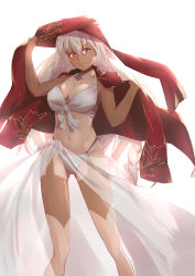 Rule 34 | 1girl, absurdres, bikini, breasts, cape, cleavage, collarbone, commentary request, dark skin, dark-skinned female, fate/grand order, fate (series), front-tie bikini top, front-tie top, hair between eyes, highres, lakshmibai (fate), large breasts, light smile, long hair, navel, red cape, red eyes, red headwear, removing headwear, sarong, see-through, silver hair, simple background, solo, swimsuit, tan, tanline, turban, vegetablenabe, very long hair, white background, white bikini, white sarong