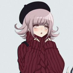 Rule 34 | 1girl, alternate costume, black headwear, blunt bangs, blush, commentary, criis-chan, danganronpa (series), danganronpa 2: goodbye despair, english commentary, flipped hair, grey background, hands up, light brown hair, long sleeves, looking at viewer, lowres, nanami chiaki, open mouth, pink eyes, red sweater, ribbed sweater, simple background, sleeves past wrists, solo, sweater, teeth, upper body, upper teeth only