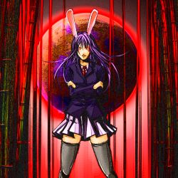 Rule 34 | 1girl, ajishio, animal ears, bamboo, bamboo forest, rabbit ears, female focus, forest, glowing, glowing eyes, moon, nature, necktie, pleated skirt, purple hair, red eyes, red moon, reisen udongein inaba, skirt, solo, thighhighs, touhou, zettai ryouiki