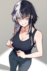 Rule 34 | 1girl, alternate costume, black hair, black tank top, breasts, collarbone, commentary, english commentary, grey background, grey pants, hair between eyes, hair ornament, highres, hololive, hololive english, large breasts, long hair, looking at viewer, multicolored hair, nokaa aru, pants, shiori novella, solo, split-color hair, tank top, virtual youtuber, white hair, x hair ornament, yellow eyes