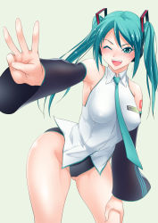 Rule 34 | 10ro, 1girl, aqua eyes, aqua hair, blush, breasts, colored eyelashes, detached sleeves, covered erect nipples, hatsune miku, highres, long hair, medium breasts, necktie, one eye closed, open mouth, solo, twintails, vocaloid