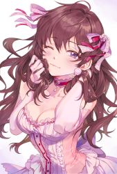 Rule 34 | 1girl, :3, ahoge, blue eyes, blush, breasts, brown hair, choker, cleavage, collarbone, commentary, dress, earrings, elbow gloves, frills, gloves, hair ribbon, holding, holding own hair, ichinose shiki, idolmaster, idolmaster cinderella girls, idolmaster cinderella girls starlight stage, inzup, jewelry, korean commentary, lace trim, long hair, looking at viewer, medium breasts, one eye closed, pink dress, ribbon, simple background, smile, solo, sparkle, upper body, wavy hair, white background