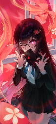 Rule 34 | 1girl, absurdres, black-framed eyewear, black hair, black jacket, black skirt, blunt bangs, commentary request, cowboy shot, facial mark, glasses, heart, heart-shaped pupils, highres, holding, holding letter, honkai: star rail, honkai (series), jacket, letter, long hair, long sleeves, looking at viewer, miniskirt, nail polish, official alternate costume, one eye closed, pink eyes, pink nails, pistachiocream, pleated skirt, revision, shirt, skirt, solo, sparkle (honkai: star rail), standing, symbol-shaped pupils, thighs, very long hair, white shirt