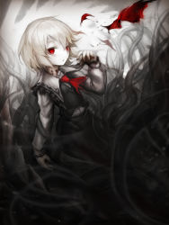 Rule 34 | 1girl, darkness, highres, pale skin, parted lips, red eyes, ribbon, unworn ribbon, rumia, shirt, short hair, skirt, spark621, touhou, vest