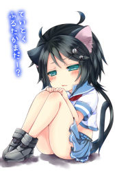 Rule 34 | 10s, 1girl, :t, ahoge, animal ears, aqua eyes, black hair, cat ears, cat tail, hair ornament, hairclip, kako (kancolle), kantai collection, kemonomimi mode, long hair, matsuha mareo, personification, ponytail, pout, sitting, solo, tail, tears, translated