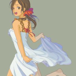 Rule 34 | 00s, 1girl, adapted costume, axis powers hetalia, bare shoulders, barefoot, bow, brown eyes, brown hair, chemise, clothes lift, dark-skinned female, dark skin, dress, grey background, hair bow, hair ornament, hair ribbon, happy, k amatiku, looking back, lowres, open mouth, ponytail, ribbon, ro dai, running, seychelles (hetalia), short hair, short twintails, simple background, skirt, skirt lift, sleeveless, smile, solo, sundress, tan, teeth, twintails