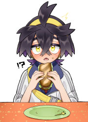 Rule 34 | !?, 1boy, ^^^, ahoge, black hair, blush, buckle, colored inner hair, commentary request, creatures (company), crossed bangs, embarrassed, food, food on face, game freak, hair between eyes, hairband, highres, holding, holding food, jacket, kieran (pokemon), kyouka. (kyouka), lettuce, lower teeth only, male focus, multicolored hair, nintendo, open mouth, plate, pokemon, pokemon sv, sandwich, skewer, solo, strap, table, teeth, tongue, white background, white jacket, yellow eyes, yellow hairband