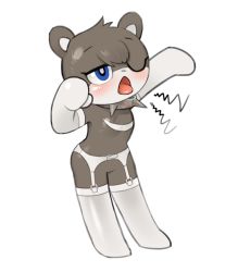 Rule 34 | 1girl, animal ears, arms up, bear ears, blue eyes, blush, brown fur, collar, elbow gloves, female focus, full body, fur, furry, furry female, garter belt, gloves, half-closed eyes, one eye closed, open mouth, original, simple background, solo, spiked collar, spikes, standing, thighhighs, tongue, tongue out, tosx, white background, white fur, white gloves, white thighhighs, yawning