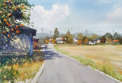 Rule 34 | building, day, grass, house, nara watercolor, no humans, original, painting (medium), plant, power lines, road, scenery, shadow, sunlight, traditional media, tree, utility pole, watercolor (medium)