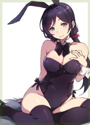 Rule 34 | 1girl, animal ears, bare shoulders, black bow, black bowtie, black thighhighs, bow, bowtie, breasts, cleavage, detached collar, duke (inu daimyou), fake animal ears, green eyes, hair ornament, hair scrunchie, large breasts, leotard, long hair, looking at viewer, love live!, love live! school idol project, low twintails, playboy bunny, purple hair, rabbit ears, red scrunchie, scrunchie, sitting, solo, thighhighs, tojo nozomi, twintails, white background