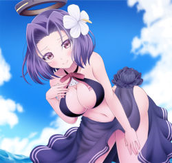 Rule 34 | 10s, 1girl, bikini, black bikini, blush, breasts, cleavage, collarbone, flower, hair flower, hair ornament, hand on own chest, kantai collection, large breasts, leaning forward, looking at viewer, navel, osaji0909, purple eyes, purple hair, purple theme, sarong, smile, solo, swimsuit, tatsuta (kancolle), water