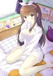 Rule 34 | 1girl, 7 calpis 7, alarm clock, barefoot, blush, book, breasts, brown hair, cleavage, clock, collared shirt, commentary request, covered mouth, cup, curtains, day, dress shirt, drinking glass, eraser, hair between eyes, hair ribbon, hairband, hand up, highres, ice, ice cube, indoors, long hair, long sleeves, medium breasts, naked shirt, on bed, open book, original, pencil, pillow, red eyes, ribbon, shirt, sitting, sleeves past fingers, sleeves past wrists, solo, sunlight, translation request, very long hair, wariza, water, white hairband, white ribbon, white shirt, window