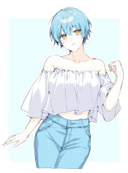 Rule 34 | 1girl, angela (project moon), ap5ry, bare shoulders, blue background, blue hair, blue pants, blue theme, blush, border, closed mouth, collarbone, contrapposto, cowboy shot, cropped legs, denim, dot nose, expressionless, hair between eyes, hand up, head tilt, highres, jeans, legs together, library of ruina, looking to the side, midriff peek, off-shoulder shirt, off shoulder, outline, outside border, pants, project moon, shirt, short hair, solo, tsurime, white background, white outline, white shirt, yellow eyes