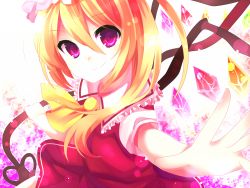 Rule 34 | 1girl, ascot, bad id, bad pixiv id, blonde hair, closed mouth, crystal, dress, embodiment of scarlet devil, female focus, flandre scarlet, frilled shirt collar, frills, hair between eyes, hazuki mizuho, holding, holding weapon, laevatein, long hair, outstretched arm, pink eyes, red dress, short sleeves, smile, solo, touhou, upper body, weapon, wings, yellow ascot