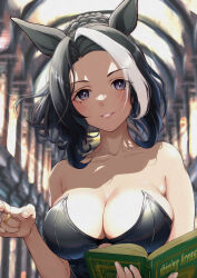 Rule 34 | 1girl, animal ears, bare shoulders, black dress, black hair, blurry, blurry background, book, breasts, cathedral, cleavage, commentary request, dress, hair bun, highres, holding, holding book, horse ears, horse girl, large breasts, looking at viewer, mashiroshiro, mejiro ramonu (umamusume), mole, mole under eye, multicolored hair, purple eyes, short hair, smile, solo, strapless, strapless dress, streaked hair, umamusume, upper body, white hair