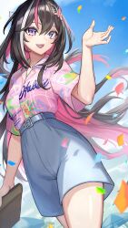 Rule 34 | 1girl, absurdres, azki (hololive), belt, blue belt, blue shorts, blue sky, brown hair, cloud, floral print, hair ornament, hawaiian shirt, highres, hololive, long hair, looking at viewer, official alternate costume, open mouth, petcha the o, pink hair, pink shirt, purple eyes, shirt, shorts, sky, smile, solo, virtual youtuber