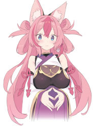 Rule 34 | 1girl, animal ear fluff, bare shoulders, blade (galaxist), blue eyes, blush, breasts, closed mouth, detached collar, hanayono menora, indie virtual youtuber, large breasts, long hair, long sleeves, looking at viewer, own hands together, pink hair, simple background, smile, solo, steepled fingers, virtual youtuber, white background, wide sleeves