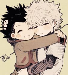 Rule 34 | 2boys, arms around neck, black hair, cheek-to-cheek, child, closed mouth, face-to-face, gon freecss, hand in another&#039;s hair, heads together, holding, hug, hunter x hunter, killua zoldyck, long sleeves, male focus, monochrome, multiple boys, na8 06, nuzzle, shirt, short hair, simple background, spiked hair, white hair, white shirt, yaoi