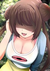 Rule 34 | 1girl, black pantyhose, breasts, brown hair, cleavage, collarbone, creatures (company), double bun, game freak, hair bun, hair over eyes, hand in own hair, highres, large breasts, long hair, morozumi (ratexizuki), nintendo, open mouth, outdoors, pantyhose, pokemon, pokemon bw2, raglan sleeves, rosa (pokemon), scoop neck, shaded face, shirt, sidelocks, solo, twintails