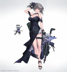 Rule 34 | 1girl, arm up, bare legs, battle rifle, black dress, black gloves, breasts, choker, cleavage, dress, earrings, flower, full body, gloves, gradient background, grey hair, gun, hair between eyes, hair flower, hair ornament, hair ribbon, halterneck, hand up, highres, hoop earrings, jewelry, large breasts, looking at viewer, m14, miv4t, multicolored hair, nail polish, original, parted lips, pink eyes, ribbon, rifle, sandals, short twintails, side slit, simple background, solo, streaked hair, tattoo, thigh strap, toenail polish, toenails, twintails, weapon