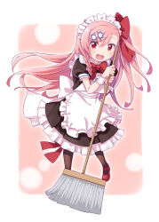 Rule 34 | 1girl, apron, black dress, black pantyhose, bow, bowtie, broom, commentary request, dress, frilled apron, frills, girls&#039; frontline, hair ornament, hair ribbon, hairclip, harada (sansei rain), hexagram, highres, holding, holding broom, long hair, looking at viewer, maid apron, maid headdress, mary janes, negev (girls&#039; frontline), open mouth, pantyhose, puffy short sleeves, puffy sleeves, red bow, red bowtie, red eyes, red footwear, red ribbon, ribbon, shoes, short sleeves, solo, star of david, swept bangs, white apron, wrist cuffs