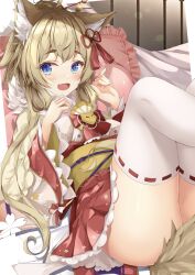 Rule 34 | animal ears, bare shoulders, blonde hair, blue eyes, blush, bow, detached sleeves, fox ears, fox tail, frilled bow, frills, hair ornament, hakama, hakama skirt, highres, japanese clothes, long hair, looking at viewer, miko, no panties, nontraditional miko, on bed, open mouth, original, pillow, red skirt, ribbon-trimmed sleeves, ribbon-trimmed thighhighs, ribbon trim, rumiko (rmeco), skirt, tail, thighhighs, white thighhighs, wide sleeves