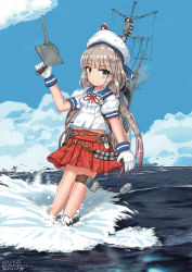 Rule 34 | 3girls, absurdres, adapted turret, aircraft, airplane, artist name, blue sailor collar, blue sky, cannon, cloud, commentary request, dated, day, depth charge, etorofu (kancolle), fairy (kancolle), gloves, green eyes, grey hair, hat, highres, hip vent, horizon, kantai collection, long hair, looking at viewer, low twintails, mikura (kancolle), mini person, minigirl, multiple girls, numarinko, ocean, on head, outdoors, panties, person on head, pleated skirt, puffy short sleeves, puffy sleeves, red skirt, sailor collar, sailor hat, sailor shirt, ship, shirt, short sleeves, skirt, sky, smokestack, socks, turret, twintails, twitter username, undershirt, underwear, water, watercraft, white gloves, white legwear, white panties, white shirt