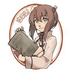 Rule 34 | 1girl, absurdres, anchor, brown hair, commentary, cropped torso, flat chest, grey eyes, hair between eyes, headband, headgear, highres, holding, kantai collection, long sleeves, looking at viewer, sadakuma, short hair, simple background, smile, solo, taihou (kancolle), two-tone background