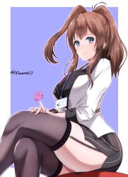 1girl, alternate costume, black legwear, black skirt, blue eyes, breasts, brown hair, formal, garter straps, hachiware (8ware63), hair between eyes, highres, kantai collection, large breasts, miniskirt, office lady, pencil skirt, ponytail, saratoga (kancolle), side ponytail, sidelocks, sitting, skirt, skirt suit, solo, striped, striped skirt, suit, thighhighs, vertical-striped skirt, vertical stripes