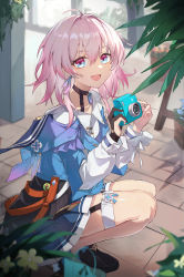 Rule 34 | 1girl, :d, absurdres, ahoge, archery shooting glove, black choker, black footwear, black gloves, blue jacket, blue skirt, blurry, blurry background, camera, chenmu sora, choker, earrings, full body, gloves, highres, holding, holding camera, honkai: star rail, honkai (series), jacket, jewelry, long hair, long sleeves, looking at viewer, march 7th (honkai: star rail), open mouth, partially fingerless gloves, pink eyes, pink hair, plant, potted plant, shirt, single earring, skirt, smile, solo, squatting, tile floor, tiles, white shirt