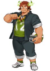 Rule 34 | 1boy, american football, american football helmet, animal ears, bara, brown eyes, brown hair, closed mouth, cow boy, cow ears, cow horns, dark-skinned male, dark skin, facepaint, facial hair, feather necklace, fiery horns, forked eyebrows, full body, gakuran, goatee, helmet, horns, jersey, jewelry, kuro nezumi inu, large pectorals, male focus, muscular, muscular male, native american, necklace, official alternate costume, official art, pectorals, pointing, pointing at self, school uniform, shoes, short hair, sneakers, socks, solo, standing, tachi-e, thick eyebrows, thighs, tokyo houkago summoners, transparent background, wakan tanka