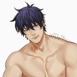 Rule 34 | 1boy, abs, ao no exorcist, artist name, blue eyes, blue hair, closed mouth, collarbone, commentary, commission, demon boy, english commentary, fang, fang out, hair between eyes, jouvru, looking at viewer, male focus, muscular, okumura rin, pectorals, pointy ears, solo, topless male, upper body, white background