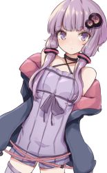 Rule 34 | 1girl, bad id, bad pixiv id, bare shoulders, black jacket, blush, closed mouth, commentary request, criss-cross halter, dress, hair ornament, halterneck, highres, jacket, long hair, off shoulder, open clothes, open jacket, purple dress, purple eyes, purple hair, purple thighhighs, simple background, solo, thighhighs, vocaloid, voiceroid, white background, yusake san, yuzuki yukari