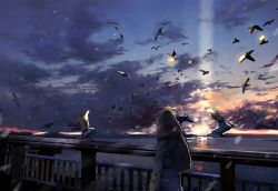 Rule 34 | androgynous, backpack, bad id, bad pixiv id, bag, bird, blonde hair, bridge, cloud, coat, commentary request, from behind, gender request, long sleeves, nasuno, ocean, original, outdoors, seagull, short hair, snowing, solo, sunset