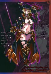 Rule 34 | 1girl, alameria crescentria, alternate costume, armor, armored boots, armored skirt, asymmetrical legwear, bikini armor, blonde hair, body markings, boots, breastplate, breasts, chain, character name, collar, corruption, dark persona, dhampir, dhampir (monster girl encyclopedia), dhampir alameria, english text, feathers, female focus, full body, gauntlets, gluteal fold, half-human, half-undead, hat, hat feather, highres, hip tattoo, jacket, kenkou cross, large breasts, leg tattoo, military, mixed species, monster girl, monster girl encyclopedia, monster girl encyclopedia ii, monster girl encyclopedia world guide side ii: salvarision: the fallen knights of lescatie, multicolored hair, navel, official art, open clothes, open jacket, pale skin, rapier, red hair, revealing clothes, skirt, slit pupils, stomach tattoo, streaked hair, sword, tattoo, two-tone hair, undead, uneven legwear, vampire, warrior, weapon, zoom layer