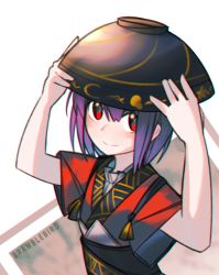 Rule 34 | 1girl, artist name, bowl, bowl hat, chromatic aberration, hat, japanese clothes, kky, looking at viewer, purple hair, red eyes, short hair, smile, solo, sukuna shinmyoumaru, touhou, upper body, white background
