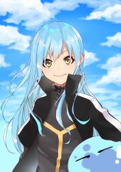 Rule 34 | 1other, androgynous, black jacket, blue hair, blue sky, cloud, daifuku1116, day, floating hair, highres, jacket, long hair, long sleeves, looking at viewer, open clothes, open jacket, outdoors, rimuru tempest, sky, slime (creature), smile, solo, tensei shitara slime datta ken, upper body, very long hair, yellow eyes